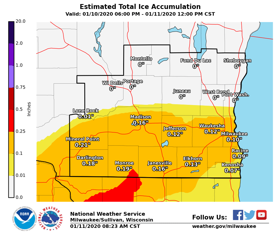 Ice totals overnight by National Weather Service